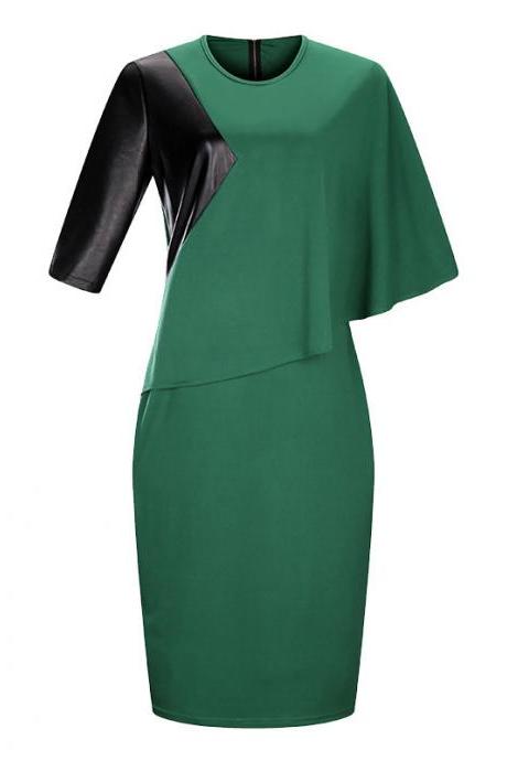 Women Bodycon Pencil Dress Cloak Sleeve Patchwork Faux Leather Plus Size Party Dress green
