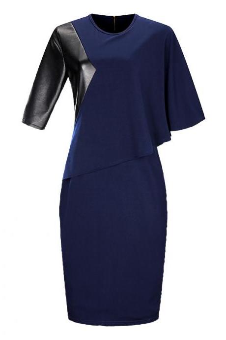 Women Bodycon Pencil Dress Cloak Sleeve Patchwork Faux Leather Plus Size Party Dress navy blue