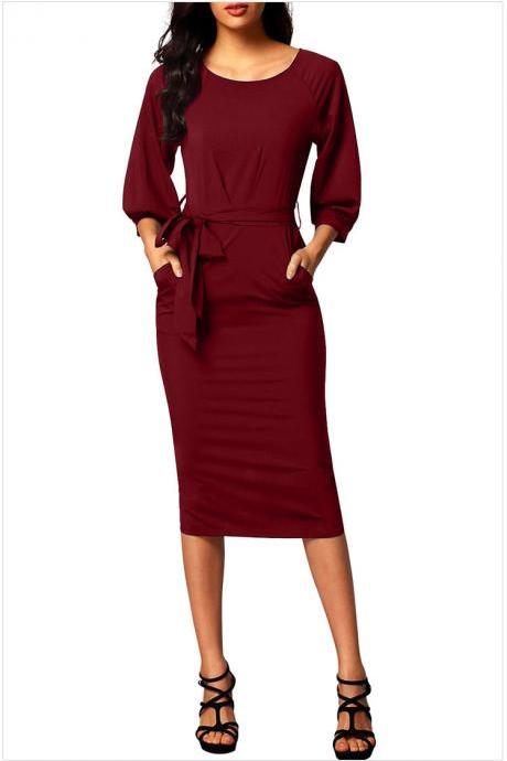 Women Midi Bodycon Dress 3/4 Puff Sleeve Pockets Belted Split Office Pencil Dress Burgundy