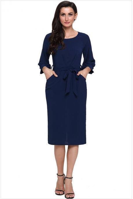 Women Midi Bodycon Dress 3/4 Puff Sleeve Pockets Belted Split Office Pencil Dress Navy Blue