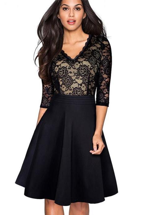Vintage Floral Lace Dress Women V Neck 3/4 Sleeve A Line Pinup Business Cocktail Party Dress Black