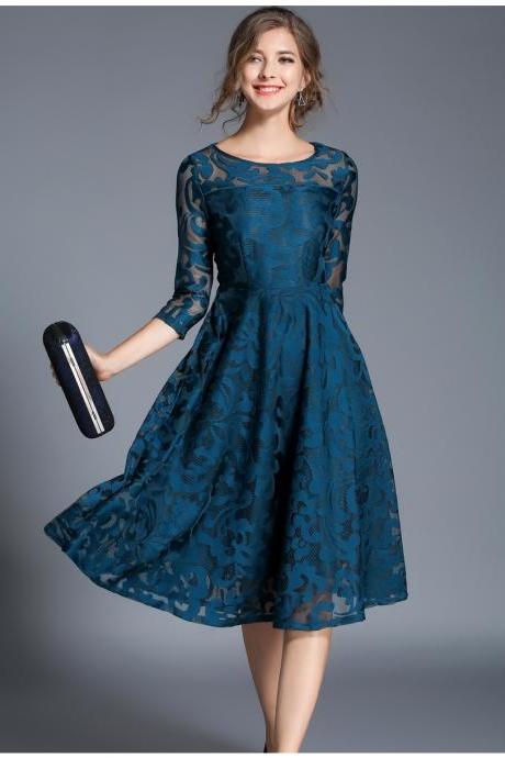 Vintage Floral Lace Dress Women 3/4 Sleeve O Neck A Line Work Casual Party Dress Teal
