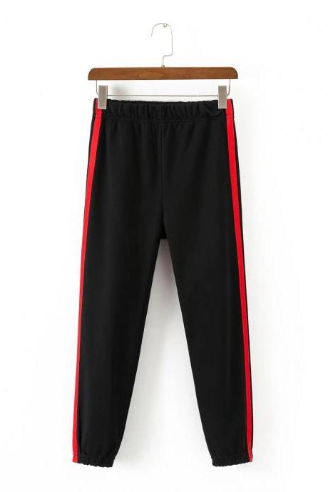 Women High Waist Elastic Striped Patchwork Sport Harem Pants Female Casual Loose Trousers black+red