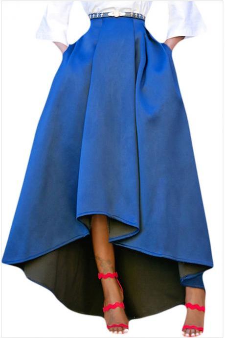 Women Maxi A Line High-Low Skirt Vintage Long Puffy Pockets Prom Party Skirt blue