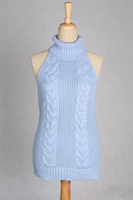 Sexy Backless Turtleneck Sleeveless Sweater Japanese Knitted Waistcoat Cosplay Vest Women Pullover baby blue