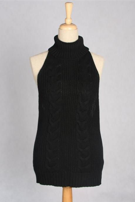 Black Knit Turtleneck Sleeveless Top