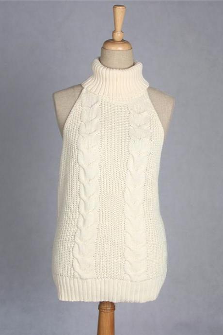 Sexy Backless Turtleneck Sleeveless Sweater Japanese Knitted Waistcoat Cosplay Vest Women Pullover Cream