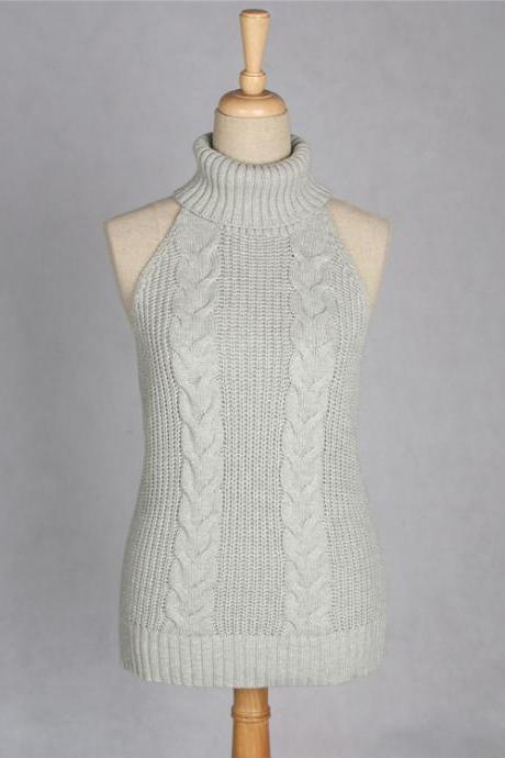 Grey Cable Knit Turtleneck Sleeveless Top 
