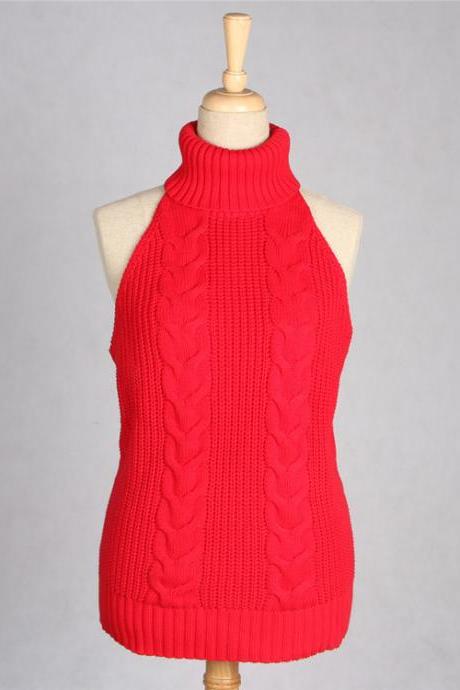Sexy Backless Turtleneck Sleeveless Sweater Japanese Knitted Waistcoat Cosplay Vest Women Pullover red