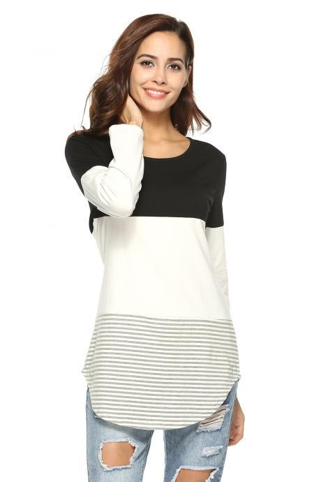 Women Long Sleeve Cotton T Shirt O Neck Spring Summer Striped Patchwork Casual Tee Tops Black