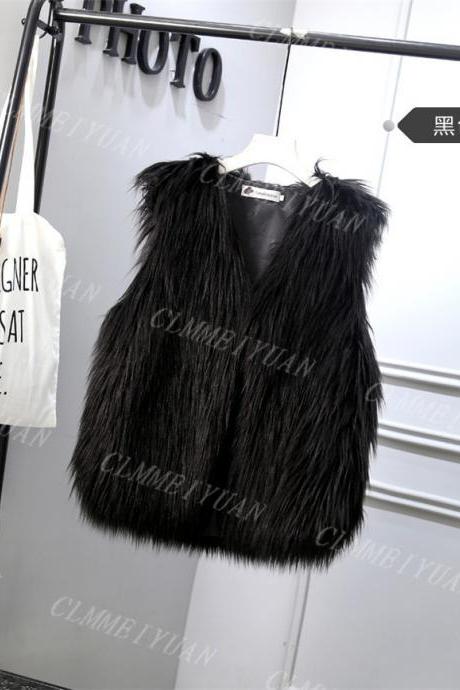 Women Faux Fur Vest Solid Winter Loose Oversize Female Sleeveless Jacket Waistcoat black 