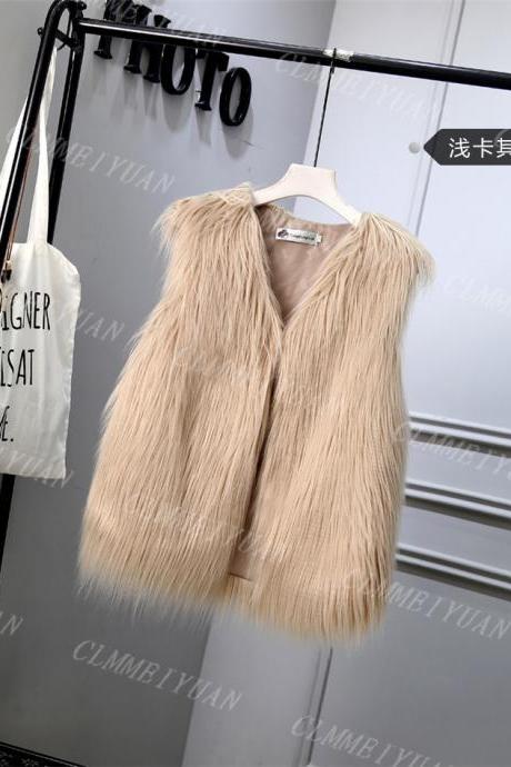 Women Faux Fur Vest Solid Winter Loose Oversize Female Sleeveless Jacket Waistcoat khaki