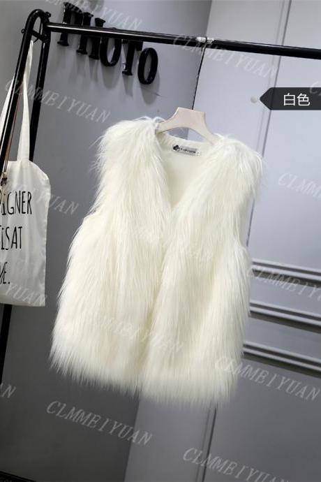 Women Faux Fur Vest Solid Winter Loose Oversize Female Sleeveless Jacket Waistcoat off white