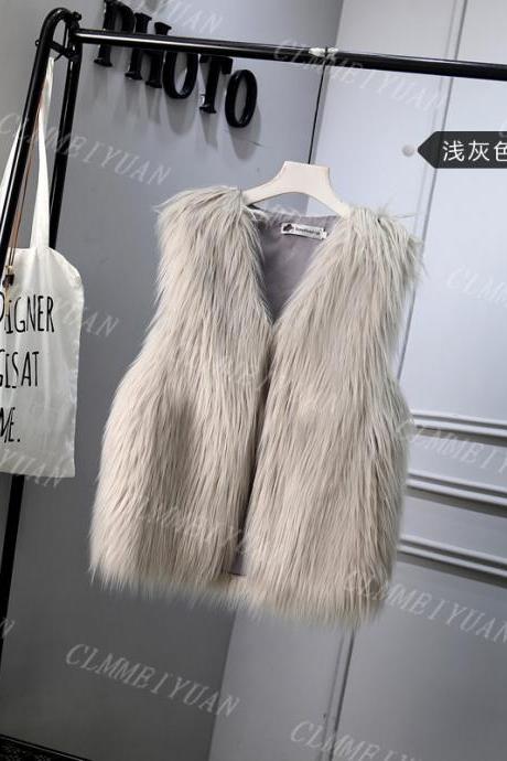 Women Faux Fur Vest Solid Winter Loose Oversize Female Sleeveless Jacket Waistcoat silver gray