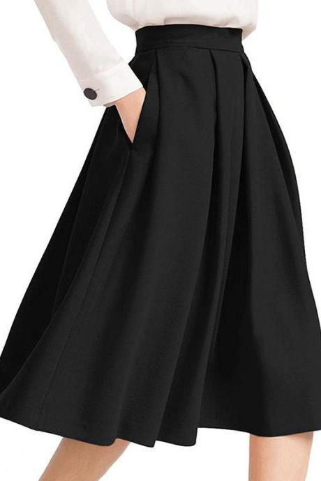 Black High Rise Pleated A-Line Knee Length Skirt Featuring Pockets 