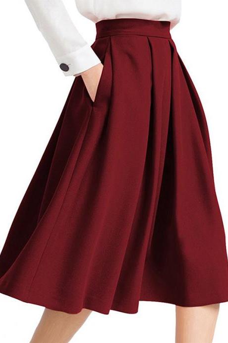 Burgundy High Rise Pleated A-line Knee Length Skirt Featuring Pockets
