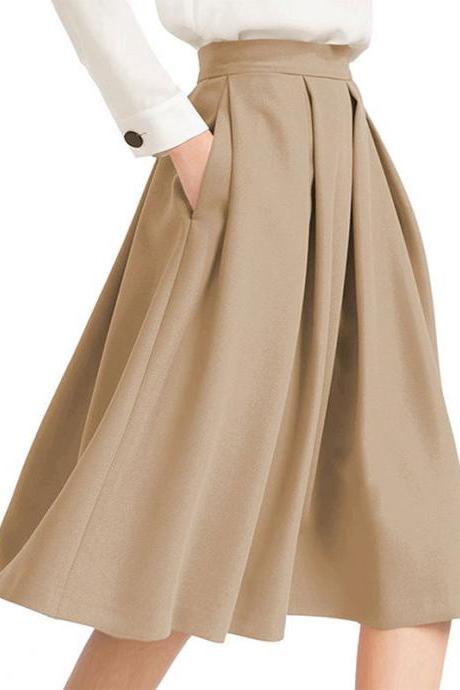 Khaki High Rise Pleated A-line Knee Length Skirt Featuring Pockets
