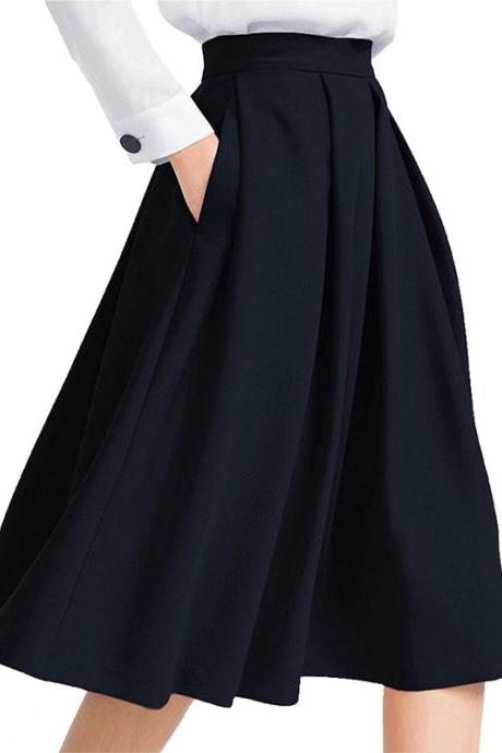 Navy Blue High Rise Pleated A-Line Knee Length Skirt Featuring Pockets 
