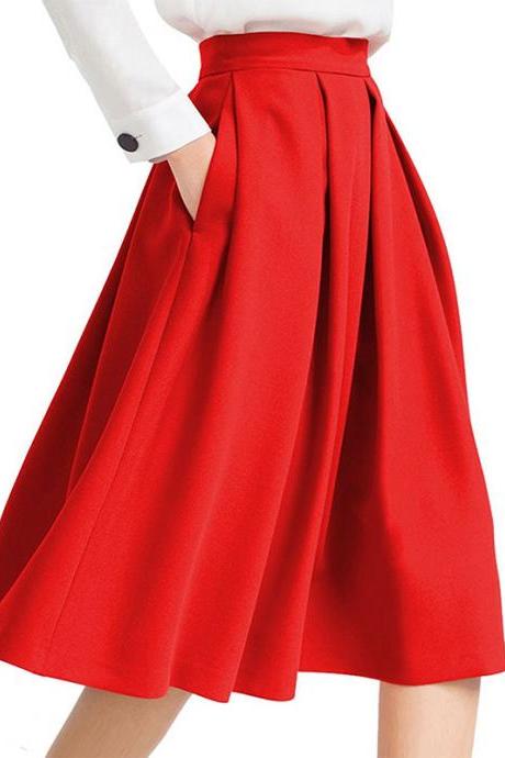 Red High Rise Pleated A-line Knee Length Skirt Featuring Pockets