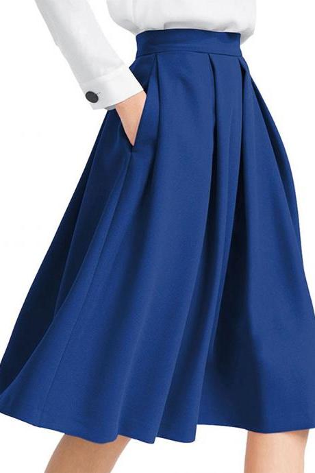 Royal Blue High Rise Pleated A-Line Knee Length Skirt Featuring Pockets 