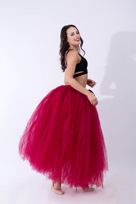  Puffty Women Tulle Tutu Skirt High Waist Lace up Jupe Female Prom Party Bridesmaid Skirts dark red