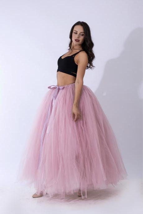 Puffty Women Tulle Tutu Skirt High Waist Lace up Jupe Female Prom Party Bridesmaid Skirts dusty pink