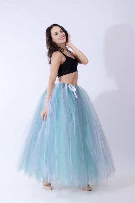 Puffty Women Tulle Tutu Skirt High Waist Lace up Jupe Female Prom Party Bridesmaid Skirts green+gray+white