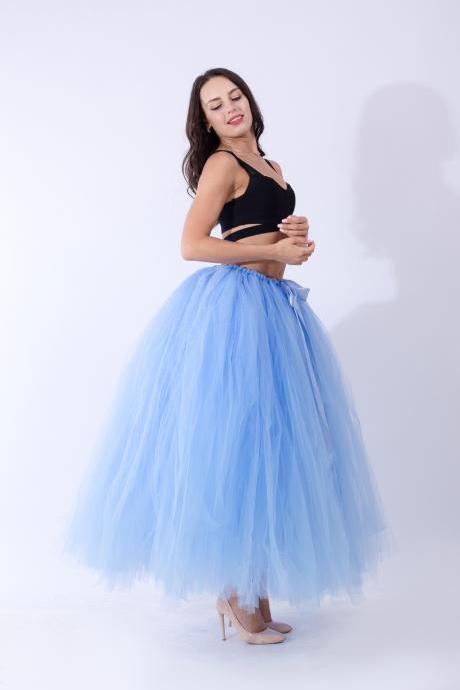 Puffty Women Tulle Tutu Skirt High Waist Lace up Jupe Female Prom Party Bridesmaid Skirts light blue