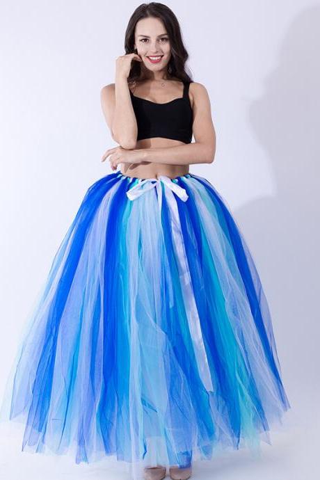 Puffty Women Tulle Tutu Skirt High Waist Lace up Jupe Female Prom Party Bridesmaid Skirts royal blue+mint+white
