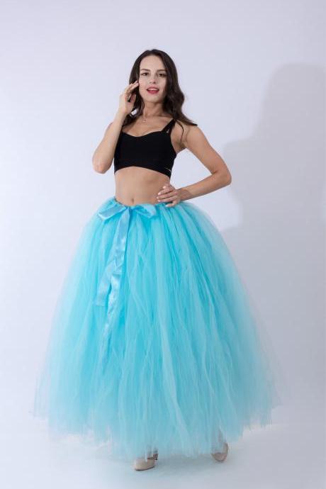 Puffty Women Tulle Tutu Skirt High Waist Lace up Jupe Female Prom Party Bridesmaid Skirts sky blue