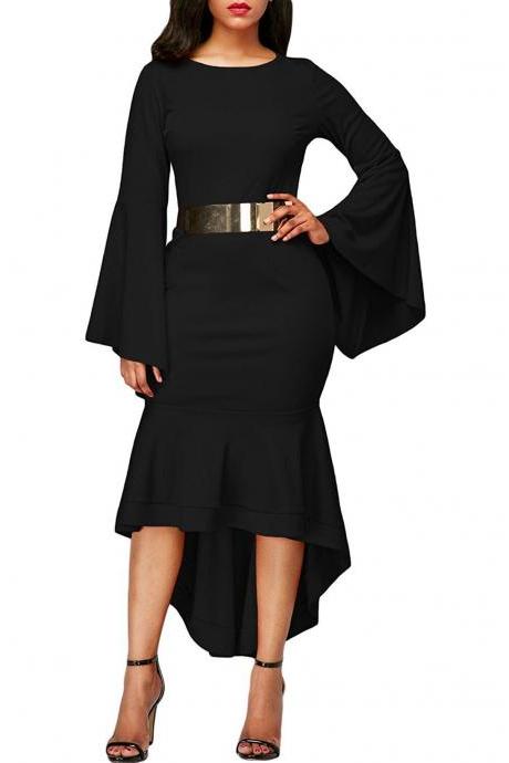 Women Bodycon Mermaid Work Dress Flare Long Sleeve O Neck Belted High Low Club Party Dress black 
