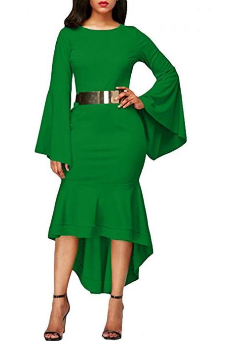 Women Bodycon Mermaid Work Dress Flare Long Sleeve O Neck Belted High Low Club Party Dress green