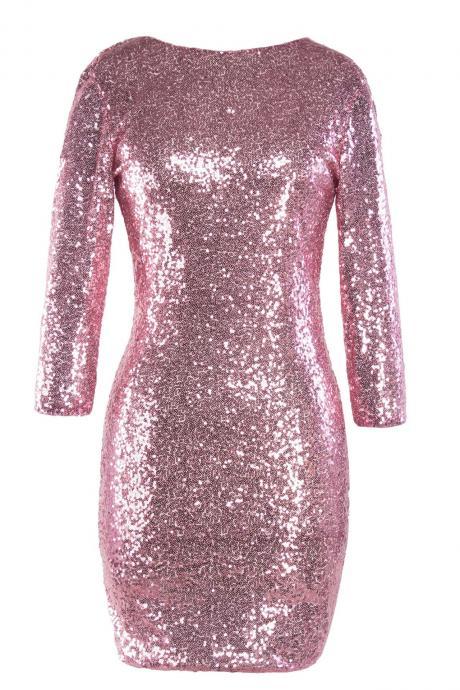Women Mini Sequined Dress O Neck 3/4 Sleeve Bodycon Slim Pencil Party Club Dress Pink