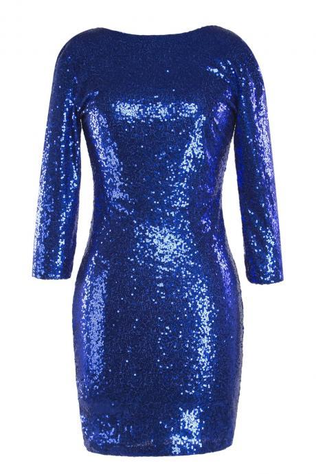 Women Mini Sequined Dress O Neck 3/4 Sleeve Bodycon Slim Pencil Party Club Dress royal blue