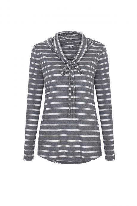 Spring Autumn Women Striped T-shirt Casual Long Sleeve Turtleneck Basic Tees Ladies Tops Gray