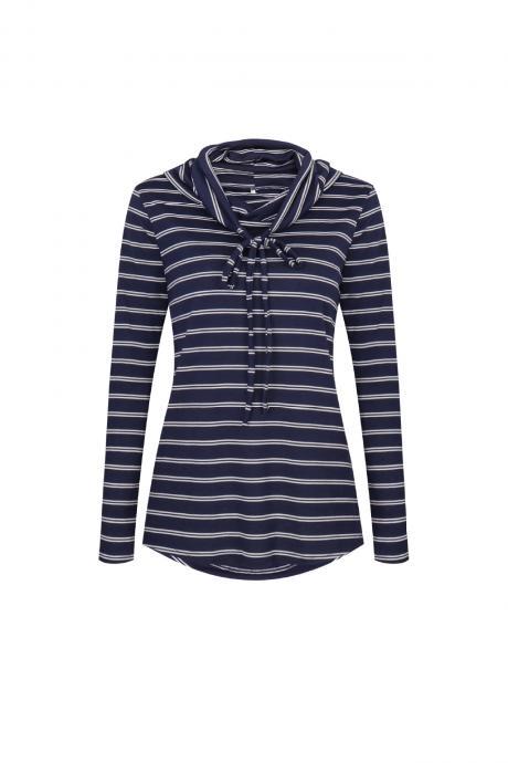 Spring Autumn Women Striped T-Shirt Casual Long Sleeve Turtleneck Basic Tees Ladies Tops navy blue