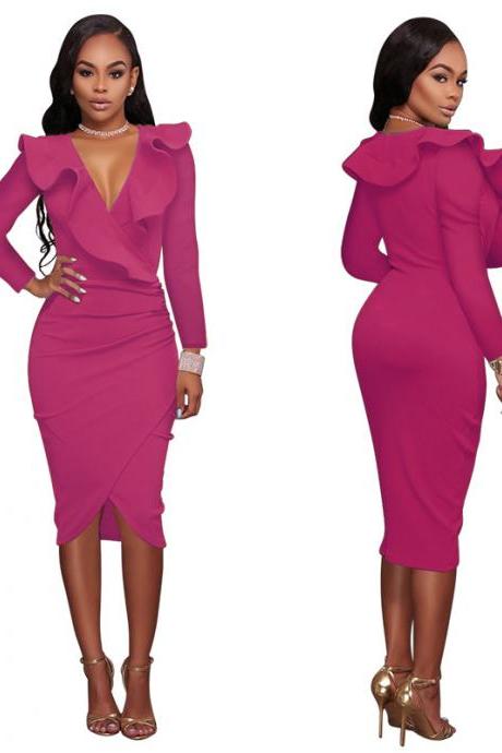  Sexy Deep V Neck Ruffles Bodycon Midi Pencil Dress Slim Long Sleeve Cocktail Party Club Dress hot pink