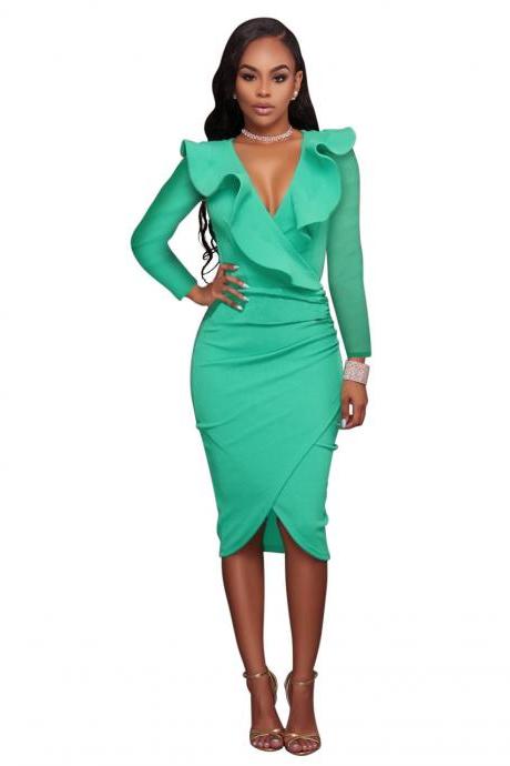  Sexy Deep V Neck Ruffles Bodycon Midi Pencil Dress Slim Long Sleeve Cocktail Party Club Dress pale green