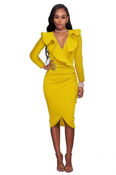 Sexy Deep V Neck Ruffles Bodycon Midi Pencil Dress Slim Long Sleeve Cocktail Party Club Dress yellow