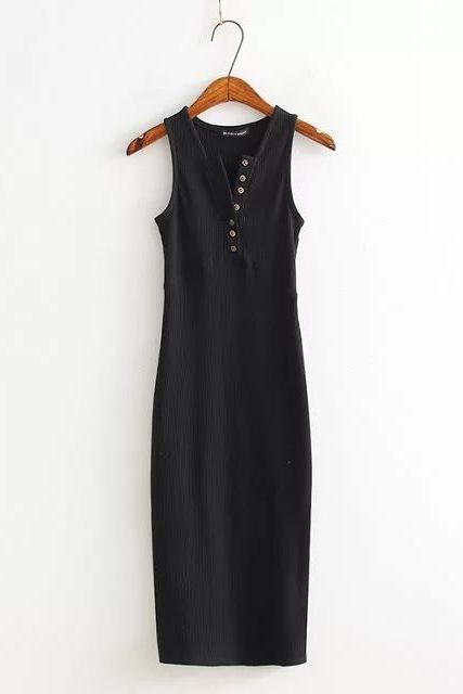 Black Ribbed Long Pencil Casual Dress