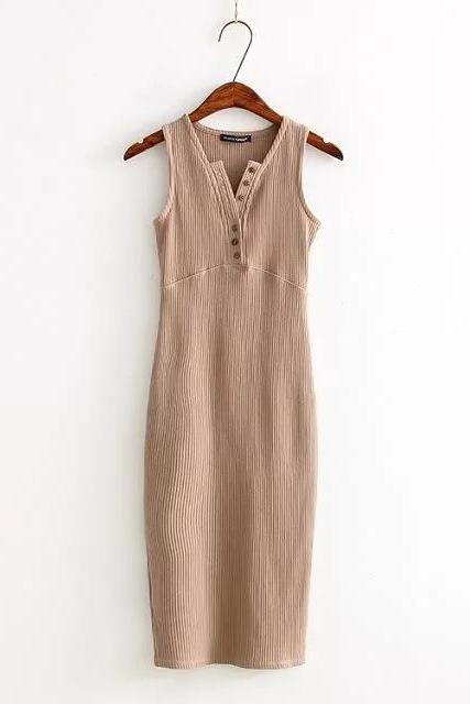 Women Summer Bodycon Dress Sleeveless V-Neck Buttons Slim High Split Club Party Dress camel