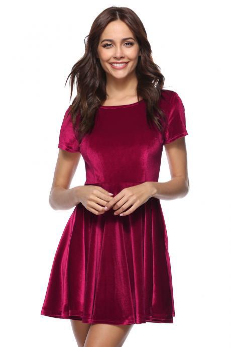 Women Velvet Mini Dress Short Sleeve O Neck Evening Party Club Wear Dress dark red