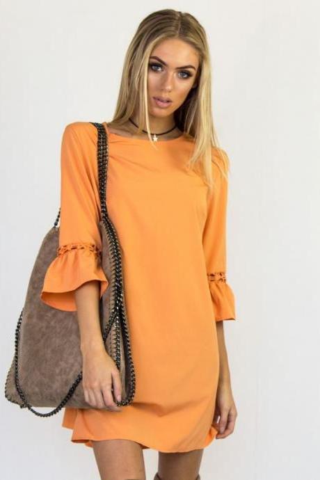 Orange O-neck Casual Short Shift Dress With 3/4 Sleeves And Lace Hollow Out