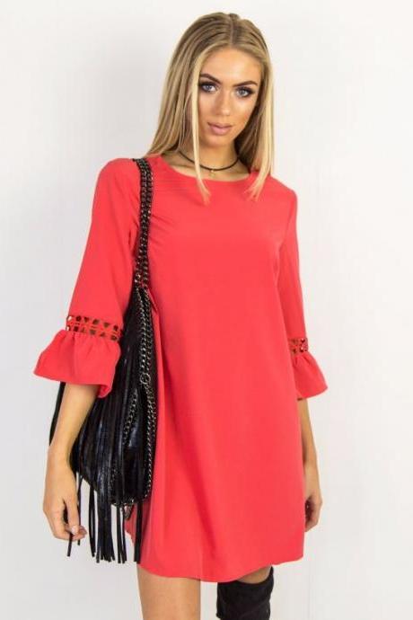 Red O-neck Casual Short Shift Dress With 3/4 Sleeves And Lace Hollow Out