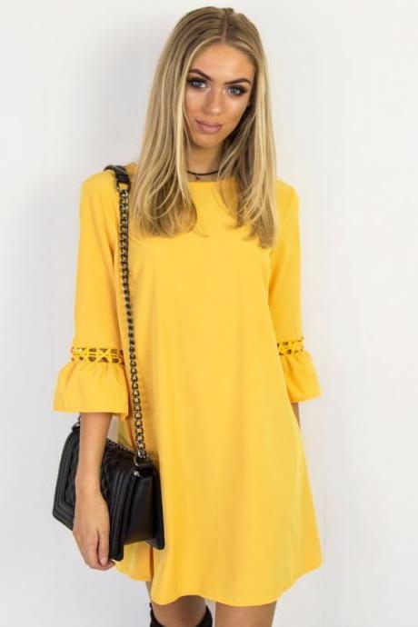 Yellow O-neck Casual Short Shift Dress With 3/4 Sleeves And Lace Hollow Out