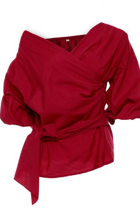 Burgundy Off-the-shoulder Plunge V Long Puffed Sleeves Bow Accent Belt Top