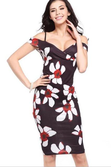 Women Floral Printed Pencil Dress Summer Off the Shoulder Bodycon Party Club Dress 1#