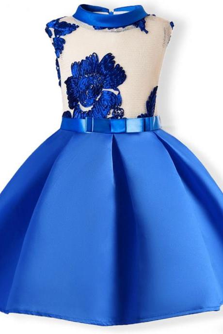  Embroidery Flower Girl Dress Princess Kids Formal Party Prom Gown Children Clothes blue