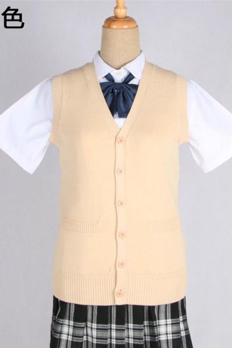 Japanese JK Uniform Cardigans Vest Cosplay Student Cotton V Neck Sleeveless Sweater apricot