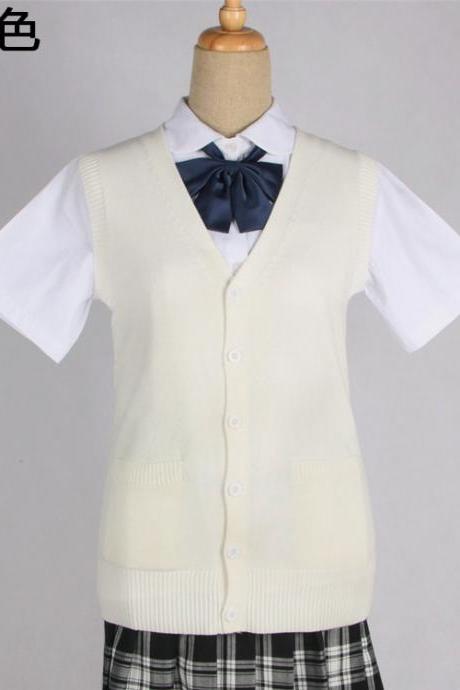 Japanese JK Uniform Cardigans Vest Cosplay Student Cotton V Neck Sleeveless Sweater cream